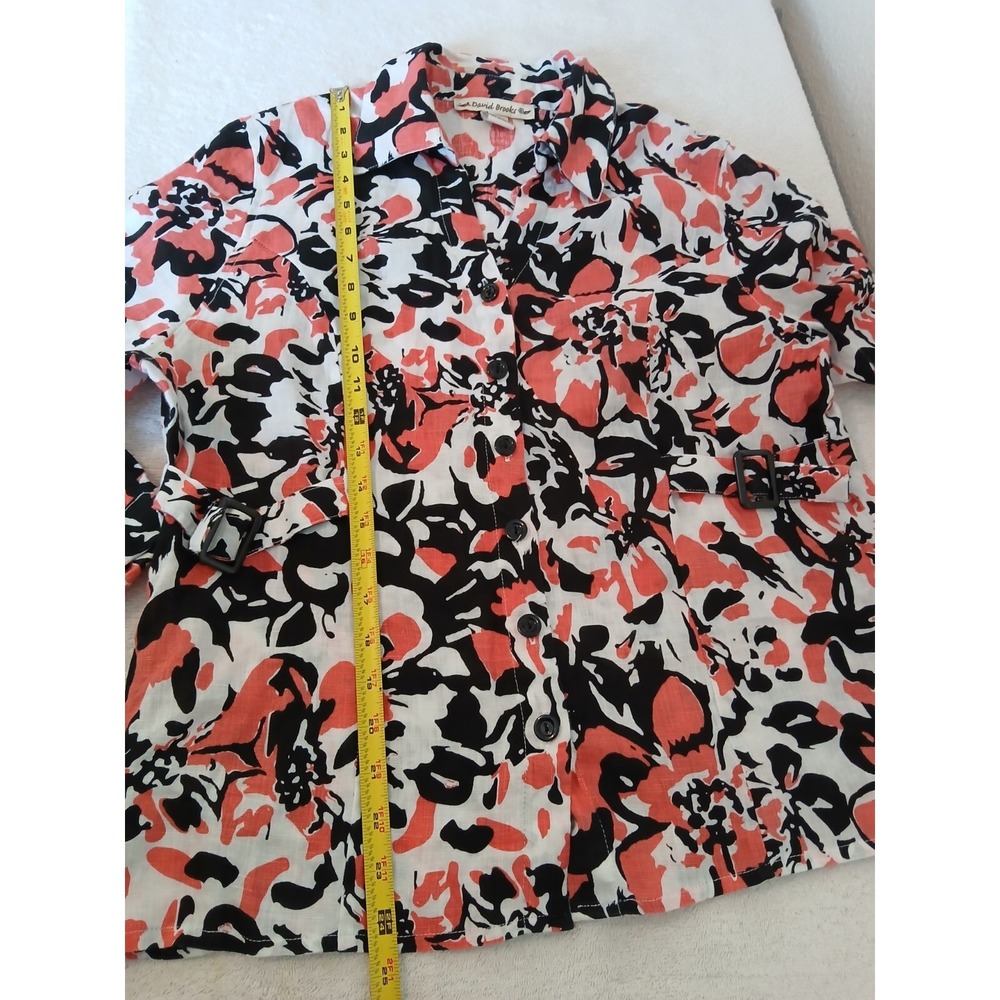 David Brooks Floral Linen Blouse XL Button Front Belted Casual Top - Picture 10 of 16